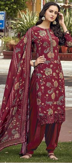 Party Wear, Reception Red and Maroon color Salwar Kameez in Crepe Silk fabric with Patiala, Straight Digital Print, Embroidered, Floral, Resham work : 1817532