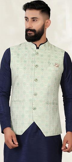 Green color Nehru Jacket in Jacquard fabric with Weaving work : 1817777