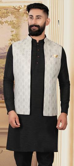 Black and Grey color Nehru Jacket in Jacquard fabric with Weaving work : 1817781