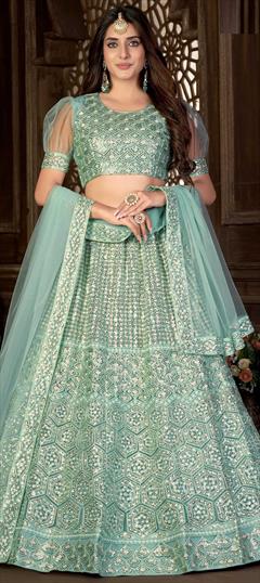 Mehendi Sangeet, Reception Blue color Lehenga in Net fabric with A Line Embroidered, Thread work : 1817854