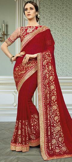 Party Wear Red and Maroon color Saree in Georgette fabric with Classic Foil Print work : 1817972