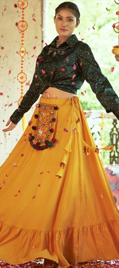 Mehendi Sangeet, Reception Yellow color Ready to Wear Lehenga in Cotton fabric with A Line Printed work : 1818004
