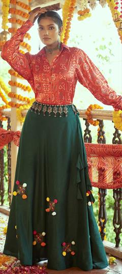 Mehendi Sangeet, Reception Green color Ready to Wear Lehenga in Cotton fabric with A Line Embroidered, Printed work : 1818008