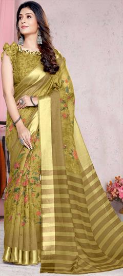 Casual, Traditional Yellow color Saree in Cotton fabric with Bengali Floral, Printed work : 1818106