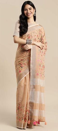 Traditional Beige and Brown color Saree in Linen fabric with Bengali Resham, Thread work : 1818153