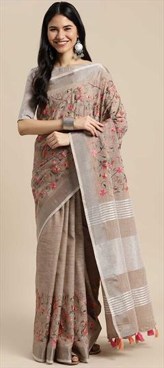 Traditional Beige and Brown color Saree in Linen fabric with Bengali Resham, Thread work : 1818154