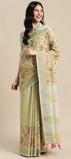 Traditional Green color Saree in Linen fabric with Bengali Resham, Thread work : 1818155
