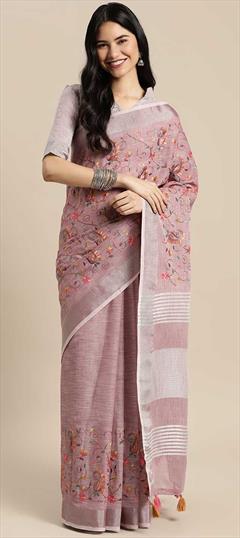 Traditional Pink and Majenta color Saree in Linen fabric with Bengali Resham, Thread work : 1818158