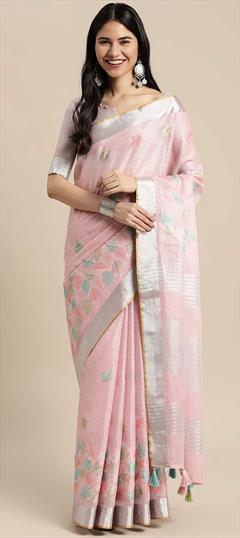 Traditional Pink and Majenta color Saree in Linen fabric with Bengali Resham, Thread work : 1818165