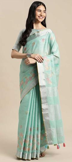 Traditional Blue color Saree in Linen fabric with Bengali Resham, Thread work : 1818167