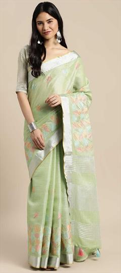 Traditional Green color Saree in Linen fabric with Bengali Resham, Thread work : 1818171