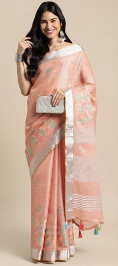 Traditional Pink and Majenta color Saree in Linen fabric with Bengali Resham, Thread work : 1818173