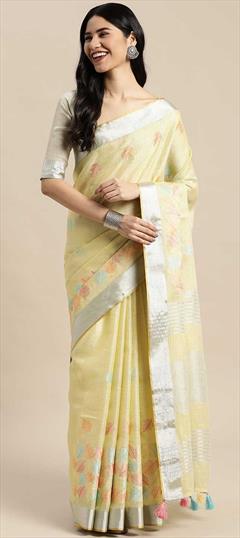 Traditional Yellow color Saree in Linen fabric with Bengali Resham, Thread work : 1818174