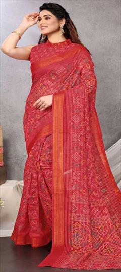 Casual, Festive, Traditional Red and Maroon color Saree in Cotton fabric with Bengali, Rajasthani Bandhej, Printed work : 1818265