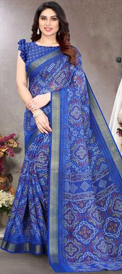 Casual, Festive, Traditional Blue color Saree in Cotton fabric with Bengali, Rajasthani Bandhej, Printed work : 1818267