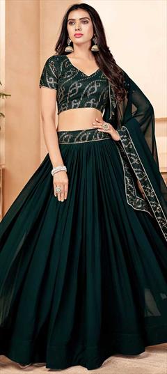 Engagement, Reception Green color Lehenga in Georgette fabric with A Line Sequence work : 1818271