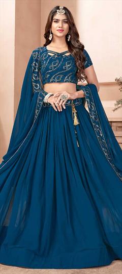 Engagement, Reception Blue color Lehenga in Georgette fabric with A Line Sequence work : 1818276