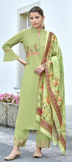 Party Wear Green color Salwar Kameez in Rayon fabric with Straight Digital Print, Embroidered work : 1818472