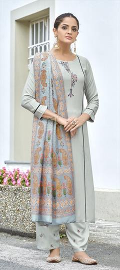 Party Wear Black and Grey color Salwar Kameez in Rayon fabric with Straight Digital Print, Embroidered work : 1818474