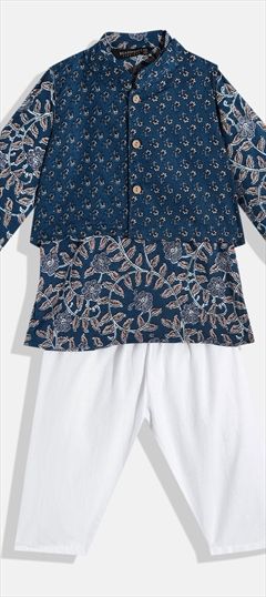 Casual Blue color Boys Kurta Pyjama with Jacket in Cotton fabric with Floral, Printed work : 1818484