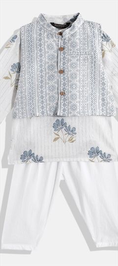 White and Off White color Boys Kurta Pyjama with Jacket in Cotton fabric with Floral, Printed work : 1818497