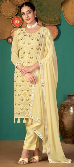 Party Wear Yellow color Salwar Kameez in Georgette fabric with Straight Mirror, Thread work : 1818506