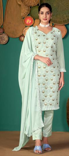Party Wear Green color Salwar Kameez in Georgette fabric with Straight Mirror, Thread work : 1818508