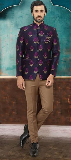 Blue color Jodhpuri Suit in Jacquard fabric with Broches, Weaving work : 1818620