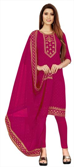 Casual Pink and Majenta color Salwar Kameez in Georgette fabric with Straight Embroidered, Stone, Thread work : 1818731