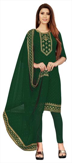 Casual Green color Salwar Kameez in Georgette fabric with Straight Embroidered, Stone, Thread work : 1818732