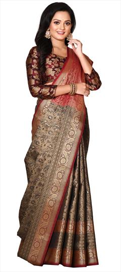 Traditional Black and Grey color Saree in Art Silk, Silk fabric with South Weaving work : 1818970