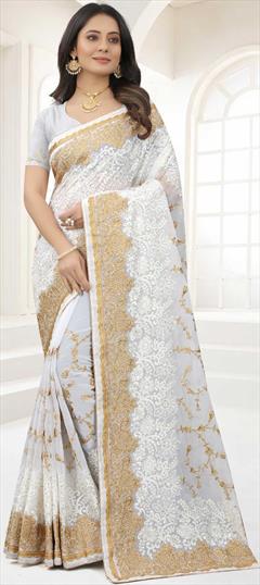 Party Wear, Reception White and Off White color Saree in Georgette fabric with Classic Embroidered, Printed, Stone, Thread, Zari work : 1819149