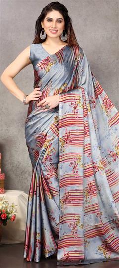 Casual, Party Wear Black and Grey color Saree in Chiffon fabric with Classic Floral, Printed work : 1819158