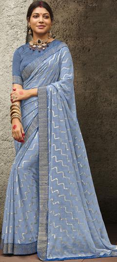 Casual, Party Wear Black and Grey color Saree in Chiffon fabric with Classic Lace, Printed work : 1819586