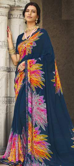 Casual, Party Wear Blue color Saree in Georgette fabric with Classic Floral, Lace, Printed work : 1819592