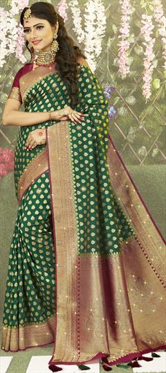 Bridal, Traditional, Wedding Green color Saree in Art Silk, Silk fabric with South Stone, Weaving work : 1819653