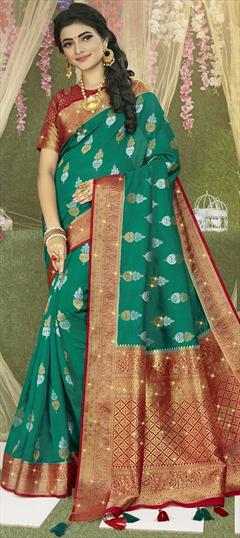 Traditional, Wedding Green color Saree in Cotton fabric with South Stone, Weaving work : 1819662
