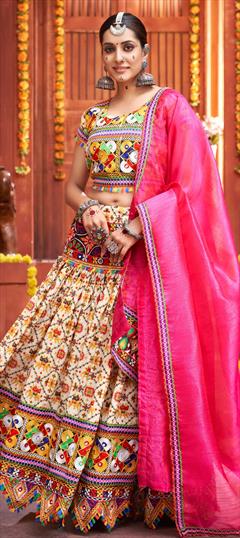 Festive, Navratri Beige and Brown color Lehenga in Cotton fabric with A Line Mirror, Printed work : 1819801