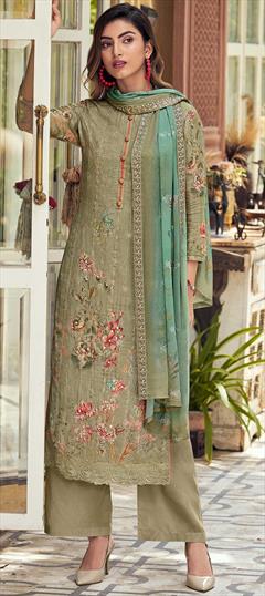 Festive, Party Wear Green color Salwar Kameez in Muslin fabric with Straight Digital Print, Floral, Resham, Sequence, Thread work : 1819802