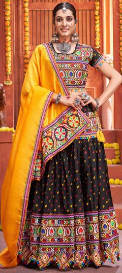 Festive, Navratri Black and Grey color Lehenga in Cotton fabric with A Line Mirror, Printed work : 1819811