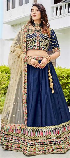 Festive, Reception Blue color Lehenga in Silk fabric with A Line Embroidered, Sequence, Thread work : 1819884