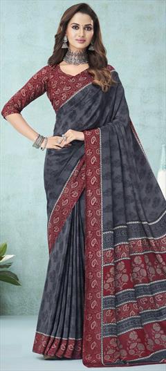 Casual, Traditional Black and Grey color Saree in Crepe Silk, Silk fabric with South Printed work : 1820282