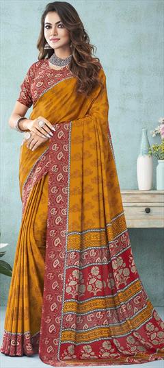 Casual, Traditional Yellow color Saree in Crepe Silk, Silk fabric with South Printed work : 1820283