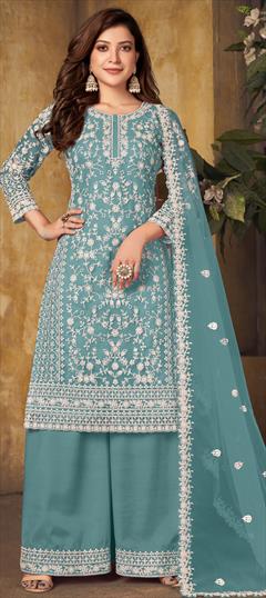 Festive, Party Wear Blue color Salwar Kameez in Net fabric with Palazzo Embroidered, Thread work : 1820397
