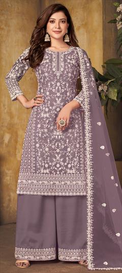 Festive, Party Wear Purple and Violet color Salwar Kameez in Net fabric with Palazzo Embroidered, Thread work : 1820398