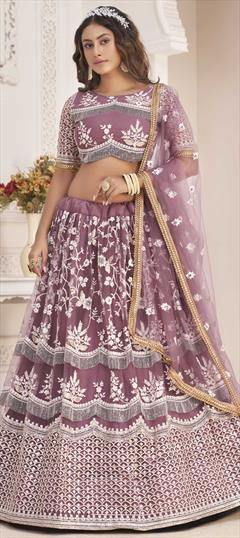 Reception, Wedding Pink and Majenta color Lehenga in Net fabric with A Line Embroidered, Sequence, Thread, Zari work : 1820401