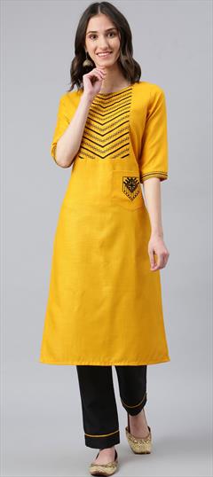 Casual Yellow color Tunic with Bottom in Art Silk fabric with Embroidered, Resham, Thread work : 1820403
