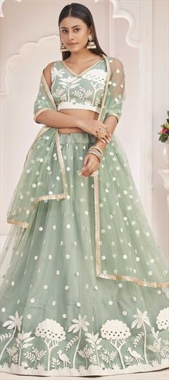 Reception, Wedding Green color Lehenga in Net fabric with A Line Embroidered, Sequence, Thread, Zari work : 1820412