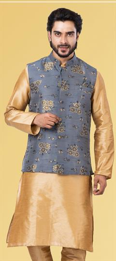 Black and Grey color Nehru Jacket in Jacquard fabric with Weaving work : 1820609