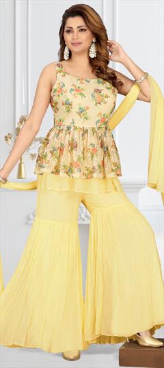 Party Wear Yellow color Salwar Kameez in Georgette fabric with Sharara Embroidered, Floral, Printed work : 1820704